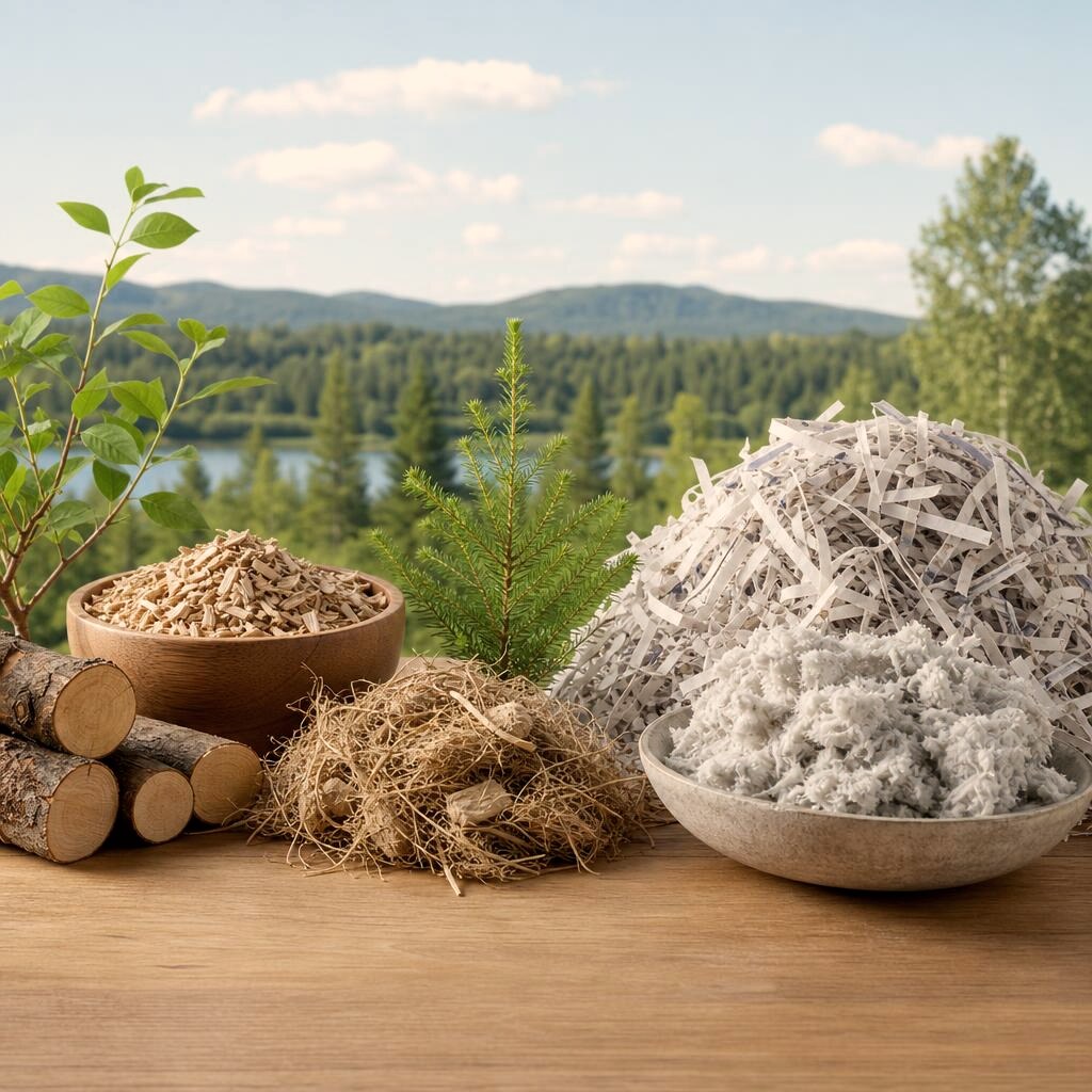 Representative arrangement of timber, wood chips and fibrous materials