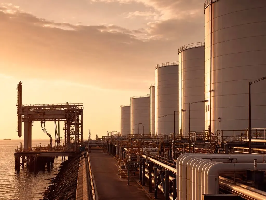 Representative fuel-storage terminal visual for the Batam storage context; not site documentation or a refinery.