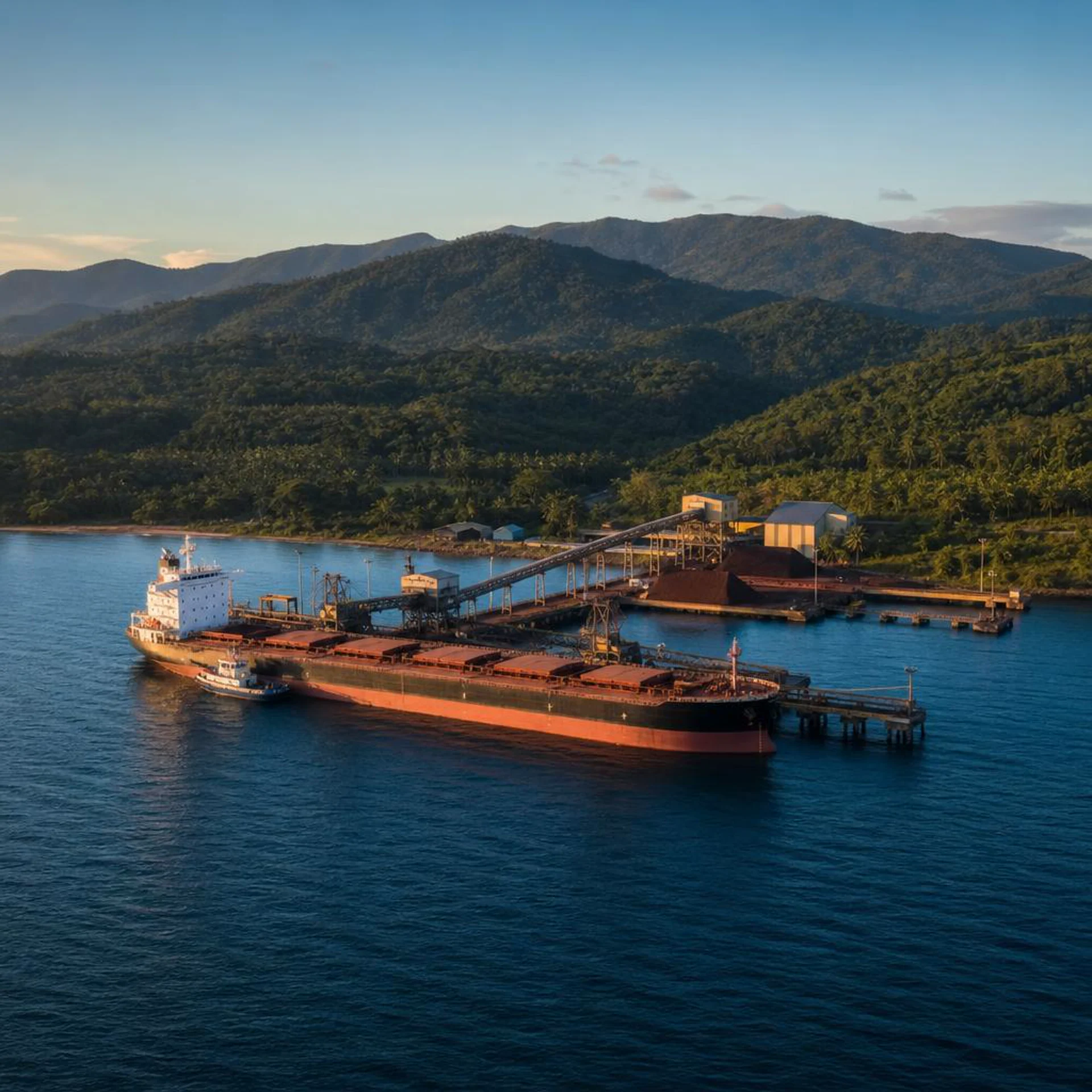 Conceptual view of a bulk carrier, pier, and coastal commodity-handling infrastructure.